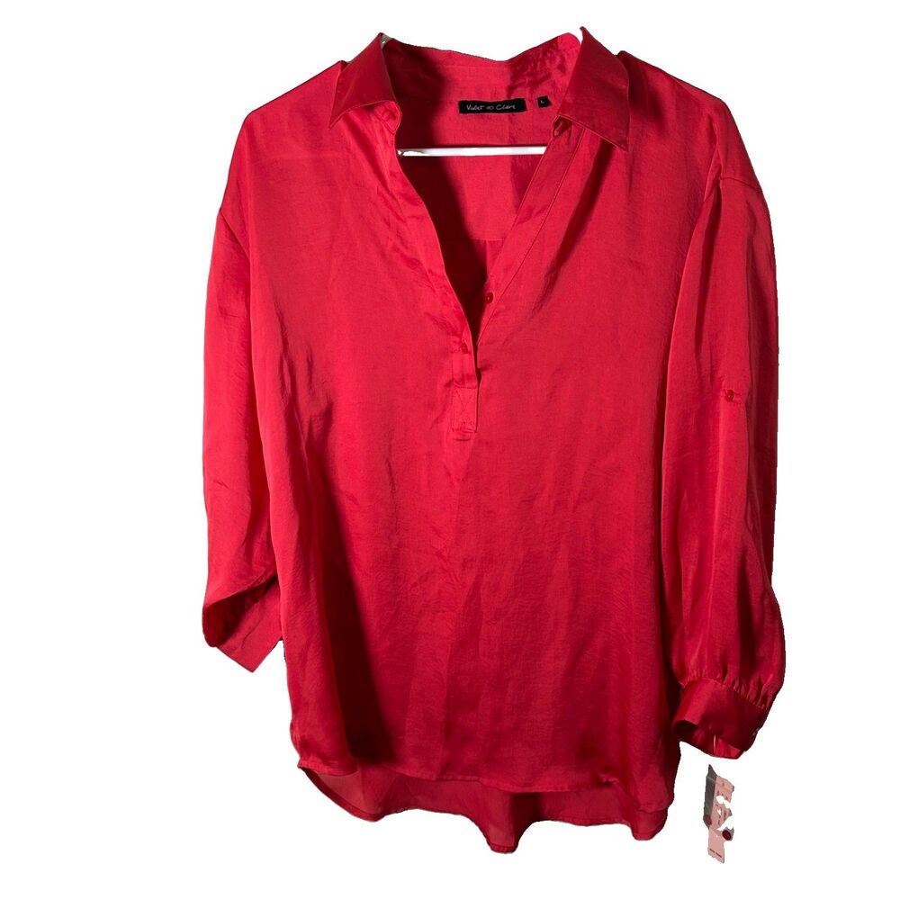 Violet + Claire Blouse Women's Large Red V-Neck 3/4 Sleeve Lightweight Popover